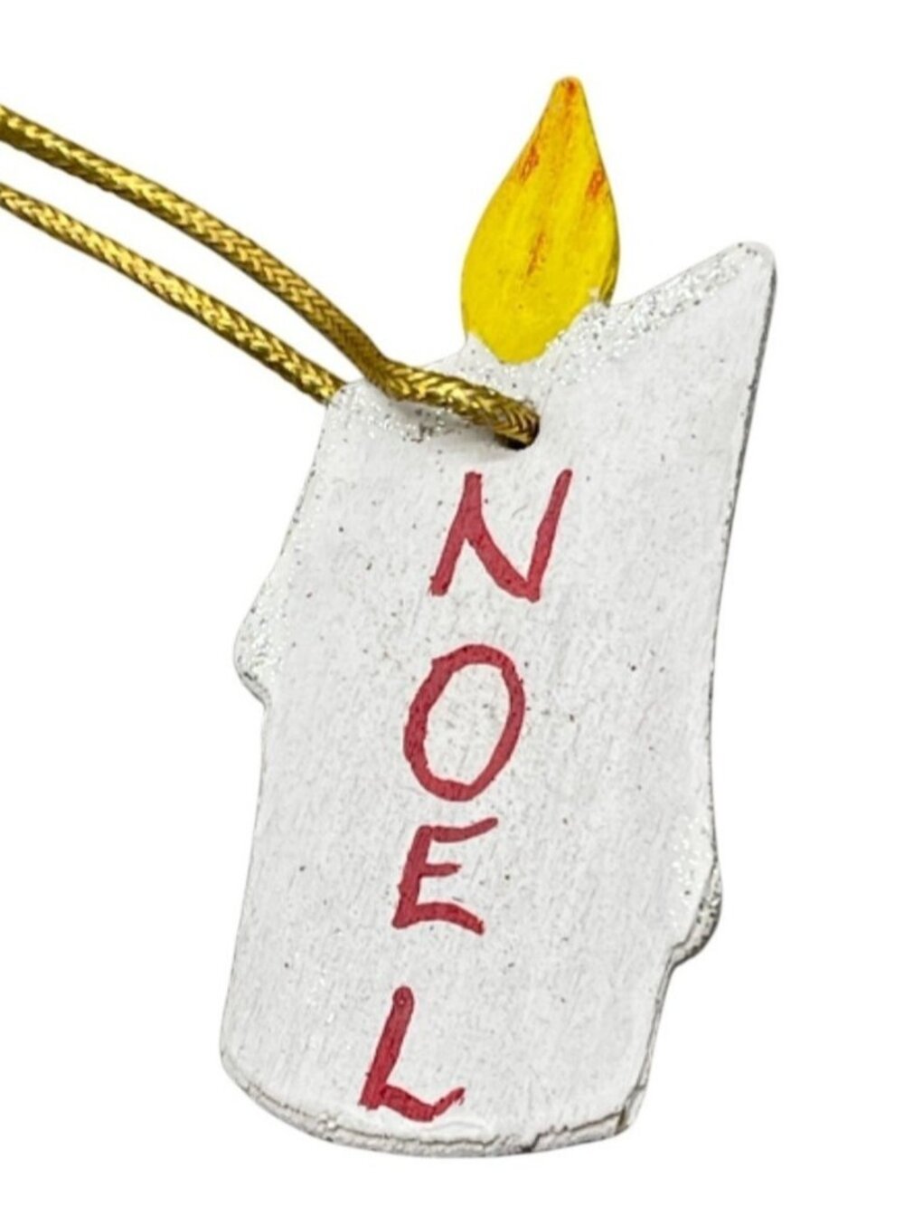 Christmas handmade tree ornament wood Noel candle flame white yellow joy READ